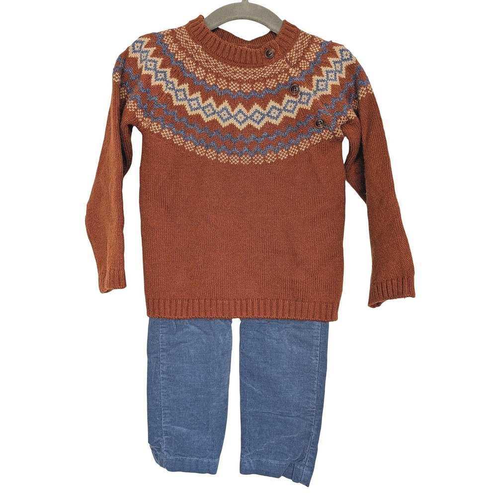 Edgehill Collection Kids 24M Fair Isle Sweater and Corduroy Pants Set Rust Blue